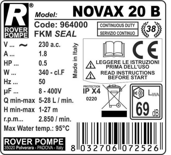 Bomba NOVAX 20B 2850rpm para líquidos calientes hasta 95°C