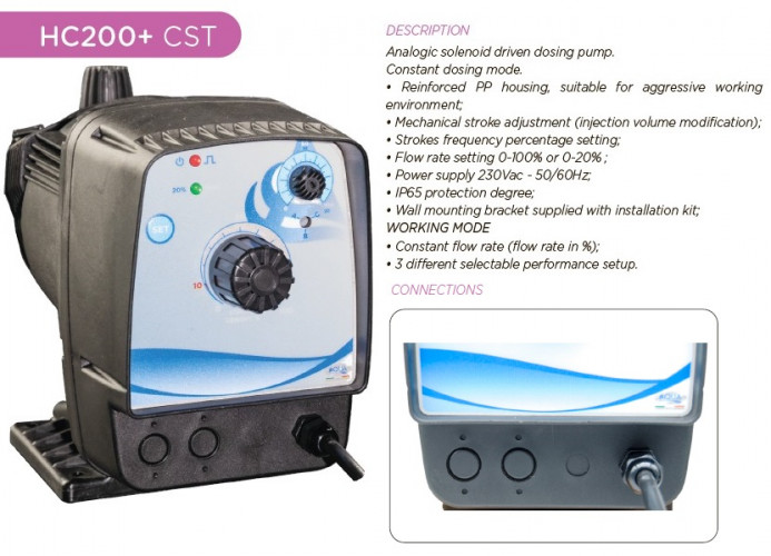 Water disinfection dosing pump PDE HC200+ CST M60 240V PP-GL-VT, 1-10 l/h, 7-1 bar