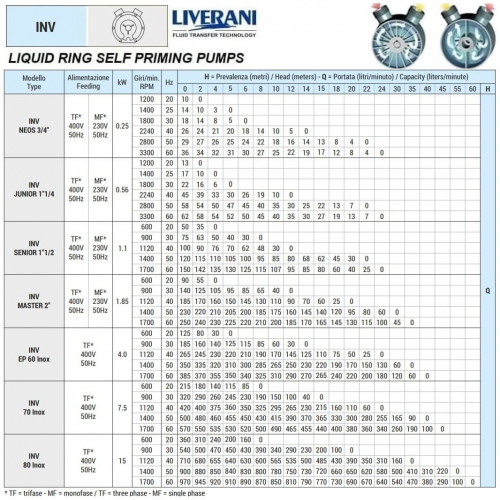 Flüssigkeitsringpumpe LIVERANI INV MASTER 2, MF/M + BY-PASS, 1,85 kW, 600–1700 U/min, 380 V, AISI 316 mit Frequenzumrichter, auf einem Fahrgestell