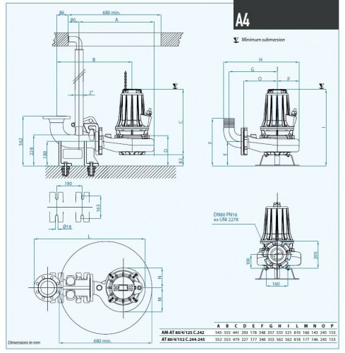 Pompe submersible Dreno AT 80/4/152 C.245 avec roue monocanal ouverte