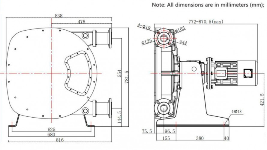 Industrial hose pump JXHIN-50-CI+SS-NR-P, 7.18 m3/h, 4 kW, 16 bar, 380V