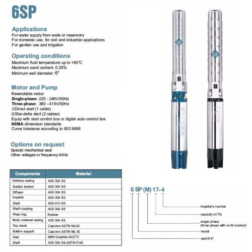 Насос глубинный для скважин 6SP17/12, Outlet: 3 дюйма, 7,5 kW, 380V (ЭЦВ 6-16-90)