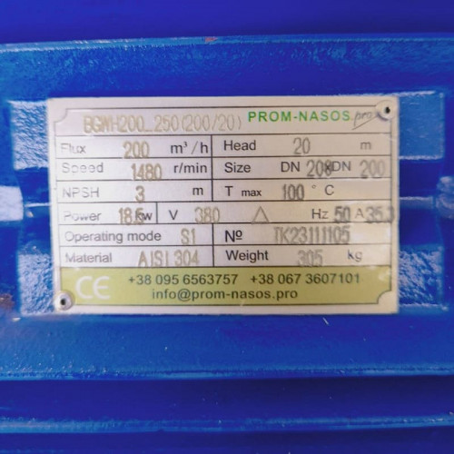 BGWH 200-250 (200/20), 18,5kW, 1480 - насос нержавіючий горизонтальний