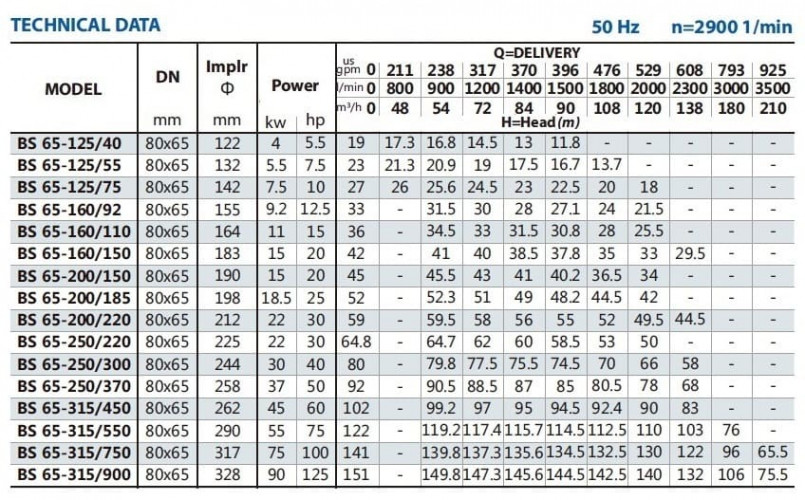 Консольный насос для водоснабжения BS 65-315/750 (144/120), 75kW, 2900 без двигателя