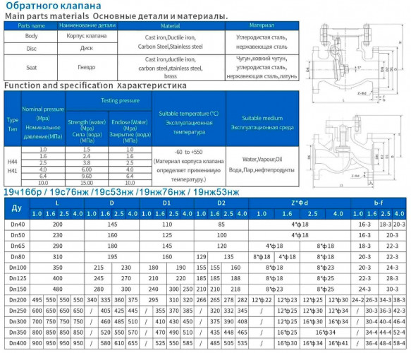 Зворотний фланцевий клапан з чавунним корпусом 19ч16бр DN150 PN16, ГОСТ