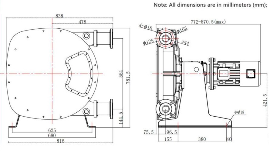 Industrial hose pump JXHIN-50-CI+Titanium-NR-P, 7.18 m3/h, 4 kW, 16 bar, 380V