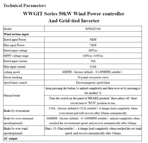 Set éolienne horizontale G-Series RX-50KG 50 kW 380 V, contrôleur d'onduleur grid-tie WWGIT 50 kW 380 V