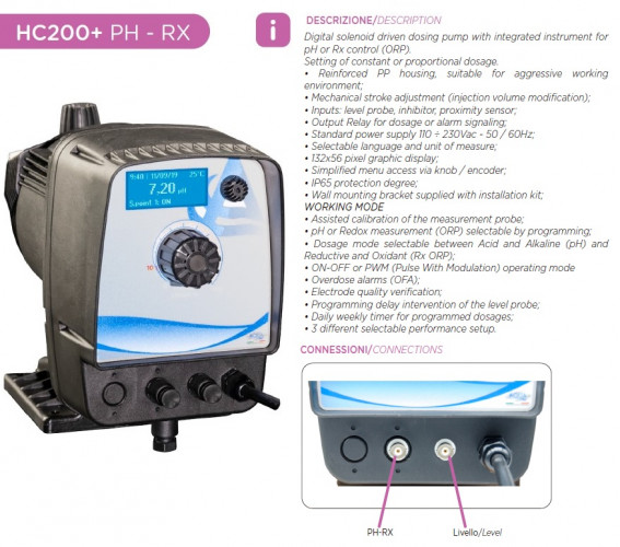 Active oxygen dosing pump PDE HC200+ PH-RX M70 240V PVDF-CE-DT, 1.8-14 l/h, 20-1 bar