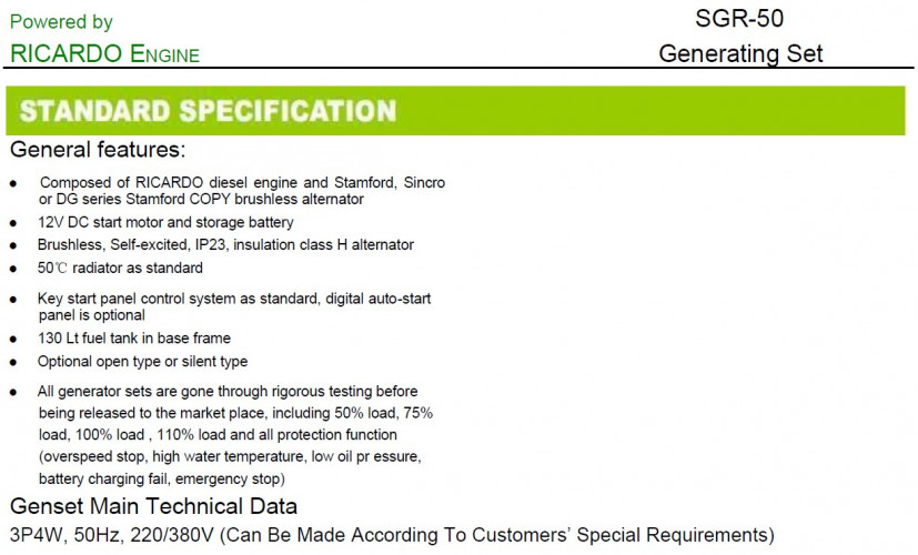 Generador diesel industrial SOYGEN SG50R con ATS y motor Ricardo 50kVA, 40kW, 380V/50HZ tipo cerrado