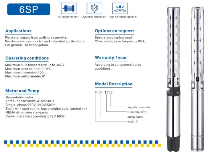 Bomba de pozo profundo 6SP17/18, 11kW, 380V (sustitución ЕЦВ 6-16-140)
