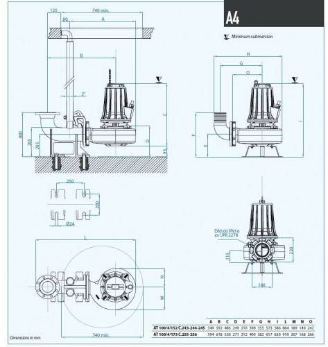 Submersible pump Dreno AT 100/4/152 C.245 with single channel open impeller