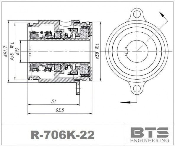 Картриджне ущільнення насосу Grundfos R-706K 22, SIC/SIC/SIC/SIC, VITON, 316