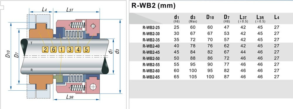 Uszczelnienie pompy mechanicznej z mieszkiem PTFE R-WB2T 60, SIC/SIC, PTFE, 304