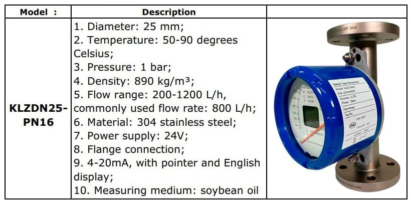 DN25 Расходомер ротаметр из нержавеющей стали KLZDN25-PN16 для соевого масла плотностью 890 кг/м3, 50-90°C, 200-1200 l/h, 4-20mA