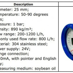 DN25 Расходомер ротаметр из нержавеющей стали KLZDN25-PN16 для соевого масла плотностью 890 кг/м3, 50-90°C, 200-1200 l/h, 4-20mA