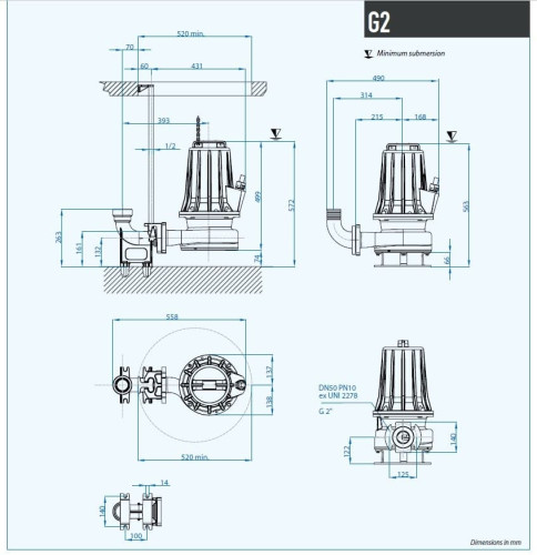Pompe submersible de drainage Dreno G2 GT-EX 50/2/173 C.185 avec système de coupe