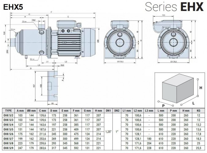 Horizontal multistage pressure boosting pump EHX 5/2, 0.45 kW, 7.2 m3/h, 23.5m, 220V/M, AISI 304 (EBARA MATRIX)