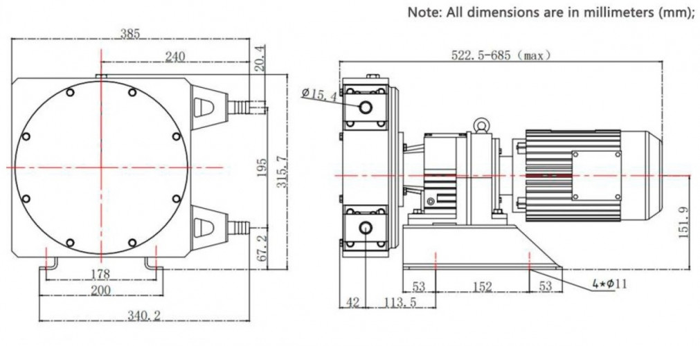 Bomba industrial de manguera JXHIN-20-SS-NBR-P, 391 l/h, 0,55 kW, 10 bar, 380V