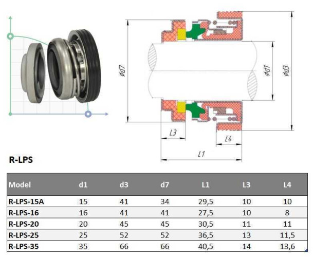Mechanical seal for Ebara R-LPS 35, CЕR/CAR, NBR, 304