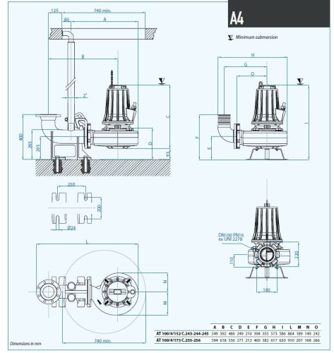 Submersible pump Dreno AT 100/4/173 C.256 with single channel open impeller