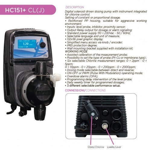Hypochlorite dosing pump PDE HC151+ CL(J) M80 240V PVDF-CE-VT, 4-20 l/h, 20-1 bar