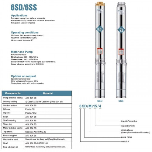 Borehole pump 6SS15/5, Outlet: 3 inches, 3kW, 380V