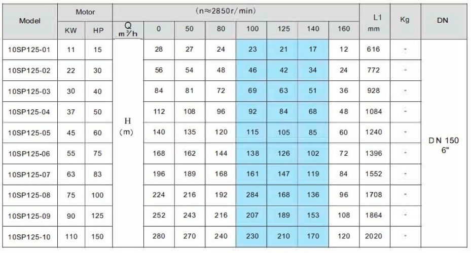 Pompe de forage 10SP125/05, sortie : 6 pouces, 45 kW, 380 V (ECV 10-160-100)