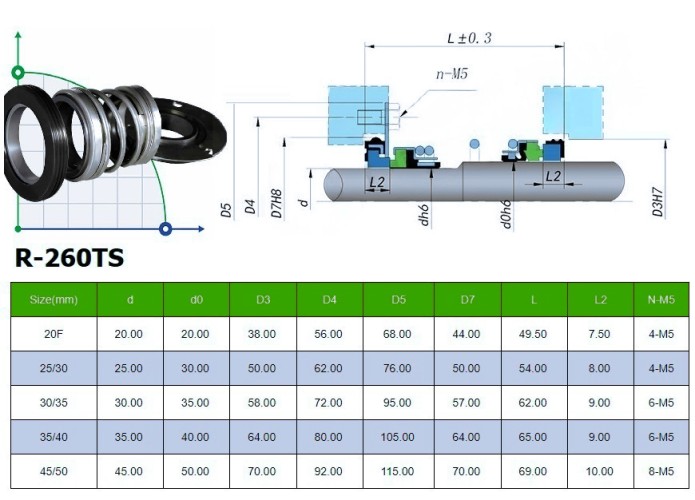 Двойное торцевое уплотнение для насоса TSURUMI R-260TS 35/40, SIC/SIC/SIC/SIC, VITON, 304
