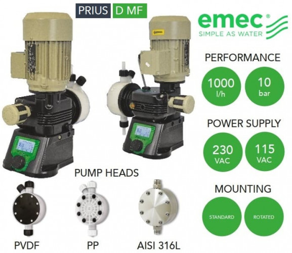 Multifunctional diaphragm motor dosing pump EMEC series PRIUS D MF 12-1000 l/h, 10-5 bar