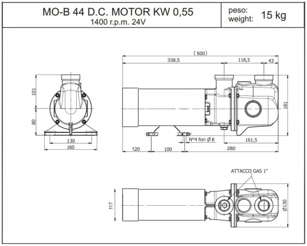 Винтовой насос LIVERANI MO-B 44 CC/12V 0,55 кВт, 1400 об/мин с бронзовым корпусом для морского сектора