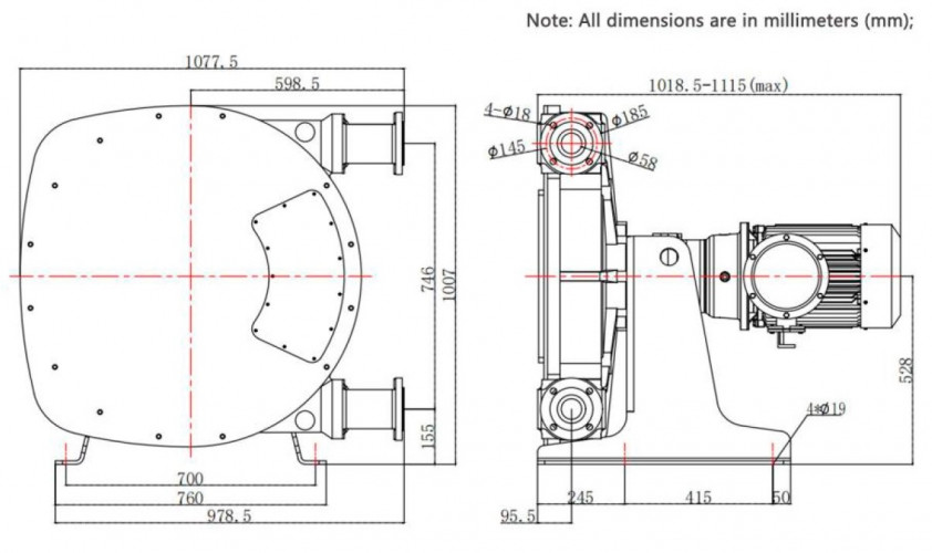 Industrial hose pump JXHIN-65-CI+Titanium-EPDM-P, 18 m3/h, 5,5 kW, 16 bar, 380V