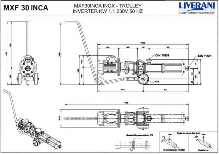 Винтовой санитарный насос LIVERANI MXF30INCA MF 1,5 кВт 190-880 об/мин 220В AISI 316 с частотником, пультом дистанц.управл.(15 м), на тележке