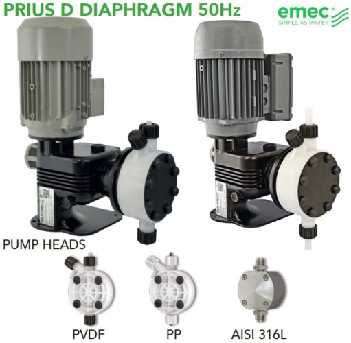 Pompe doseuse à moteur à membrane EMEC série PRIUS D 50 Hz Mono (monophasé) 12-530 l/h, 10-5 bar