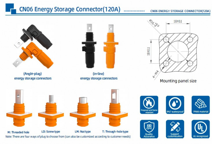 JC-CN06-S-01-LM, 120A, 1000V DC коннектор гнездо для систем накопления энергии гаечный тип, оранжевый