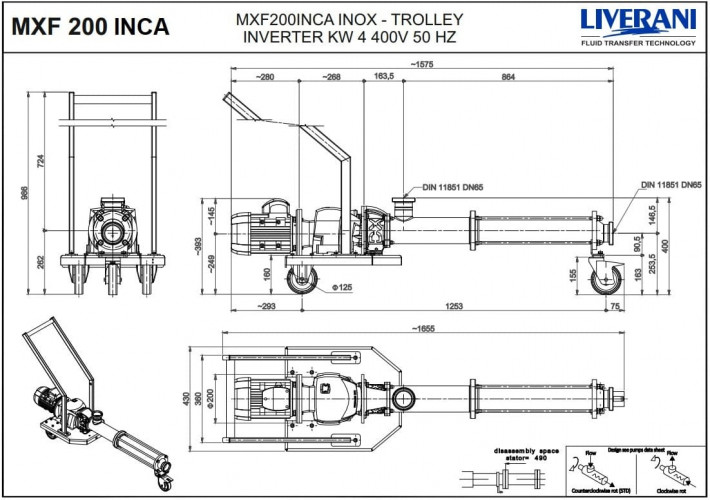 Винтовой насос для химии LIVERANI MXF200INCA TF 4,0 кВт 115-470 об/мин 380В AISI 316 с частотником, пультом дистанц.управл.(15 м), на тележке