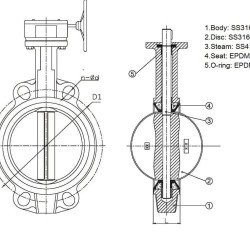 PN16 DN100 Butterfly valve, body and disc made of stainless steel AISI 316, Seat EPDM