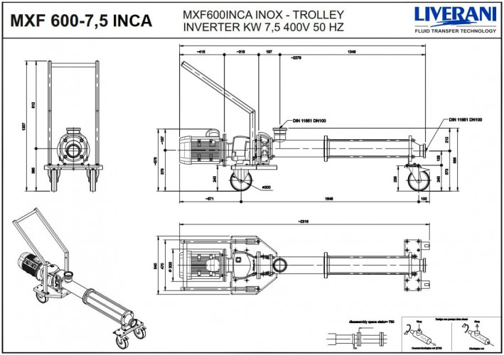 Винтовой насос из нержавеющей стали LIVERANI MXF600INCA TF 7,5кВт 108-367об/мин 380В AISI 304 с частотником, пультом дистанц.управл.(15 м), на тележке