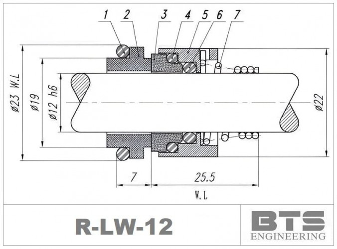 Ущільнення валу Lowara R-LW 12, SIC/SIC, VITON, 316 типу VULCAN 135, BURGMANN BT-FH, AESSEAL T06D, T06DU, ROTEN UNITEN 5K