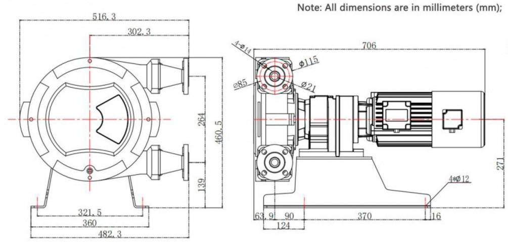 Industrial hose pump JXHIN-25-ABS Plastic-F-NR-P, 792 l/h, 1,1 kW, 16 bar, 380V