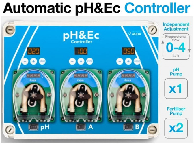 Гидропоника, гидропоническая система PROSYSTEM AQUA с контроллером pH&EC Plus, 0–4 л/ч (насос для регулирования pH и 2 насоса для удобрений)