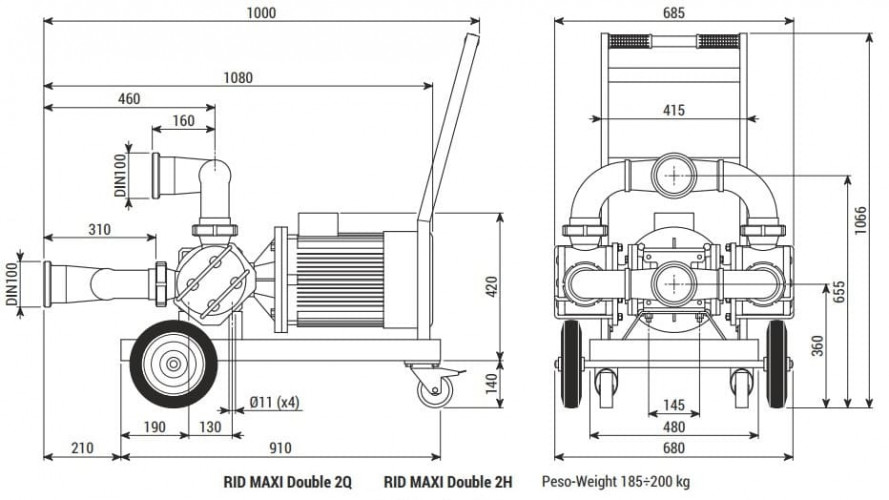 Импеллерный насос для перекачки фруктовой мякоти LIVERANI RID MAXI Double 2Q NR TF 7,5 кВт, 470 об/мин, 380В с редуктором, на тележке