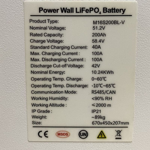 Battery pack 51.2V 200Ah LiFePO4, LFP wall type with EVE 3.2V 100Ah LiFePO4 grade A cells
