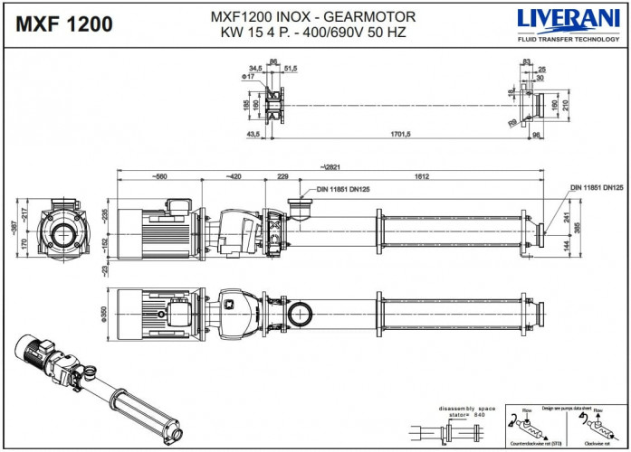 Винтовой насос из нержавеющей стали для подачи измельченных фруктов и овощей LIVERANI MXF1200 TF 15 кВт, 242 об/мин, 380В, AISI 304