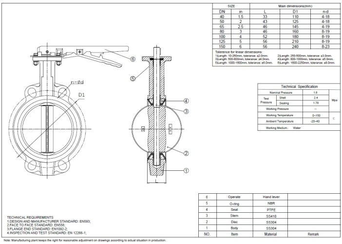 PN16 DN100 Butterfly valve, body and disc made of stainless steel AISI 304, Seat PTFE