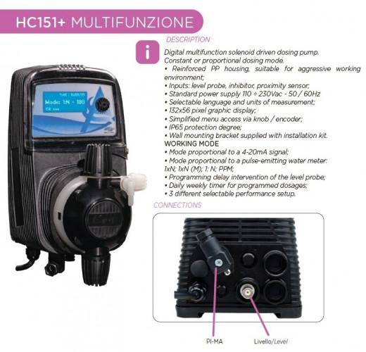 Дозуючий насос PDE HC151+ MULTIFUNCTION M80 240V PVDF-CE-VT + SHUKO PLUG, 4-20 л/год, 20-1 бар