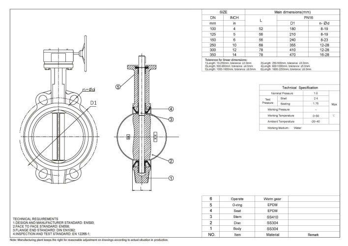PN16 DN150 Засувка Батерфляй, корпус і диск з нержавіючої сталі AISI 304, Seat EPDM