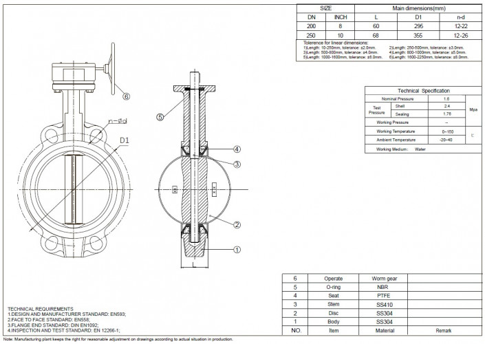 PN16 DN250 Засувка Батерфляй, корпус і диск із нержавіючої сталі AISI 304, Seat PTFE