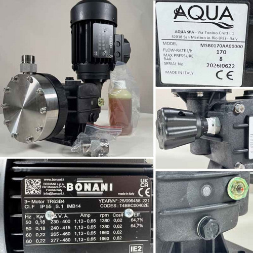 Bomba dosificadora de floculante con motor de membrana AQUA MSB, AISI 316L, 170 l/h, 8 bar, 0,18 kW, 380V