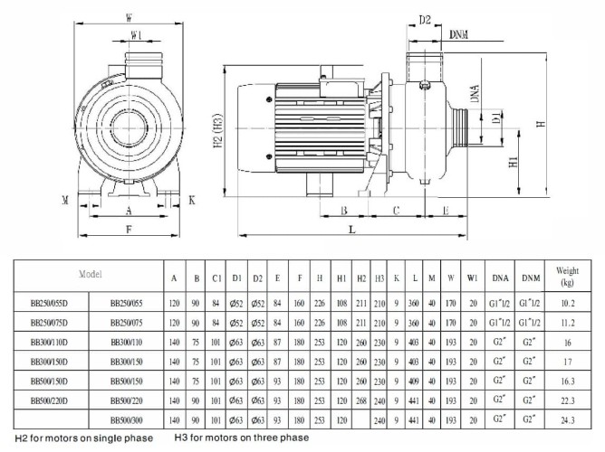 Центробежный насос для воды BB300/150D, AISI304, 220V/50Hz, 2900