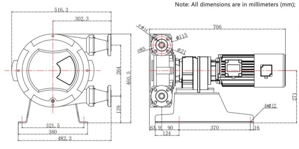 Industrial hose pump JXHIN-25-CI-F-NR-P, 792 l/h, 1,1 kW, 16 bar, 380V